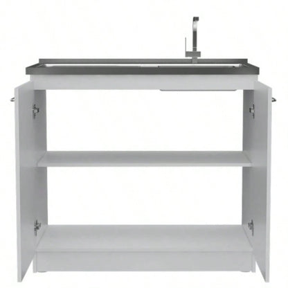 Utility Sink, Double Door Cabinet, Stainless Steel Countertop