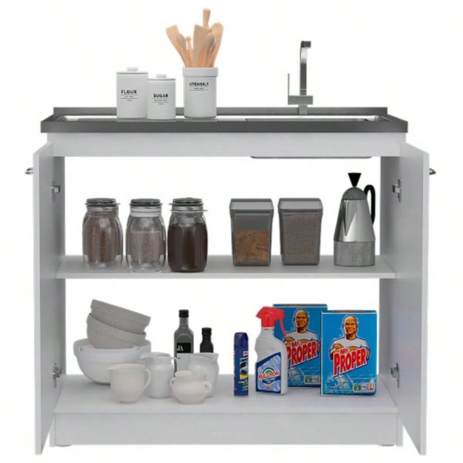 Utility Sink, Double Door Cabinet, Stainless Steel Countertop