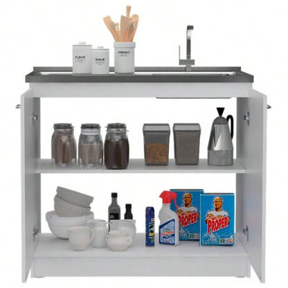 Utility Sink, Double Door Cabinet, Stainless Steel Countertop