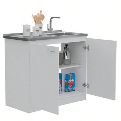 Utility Sink, Double Door Cabinet, Stainless Steel Countertop