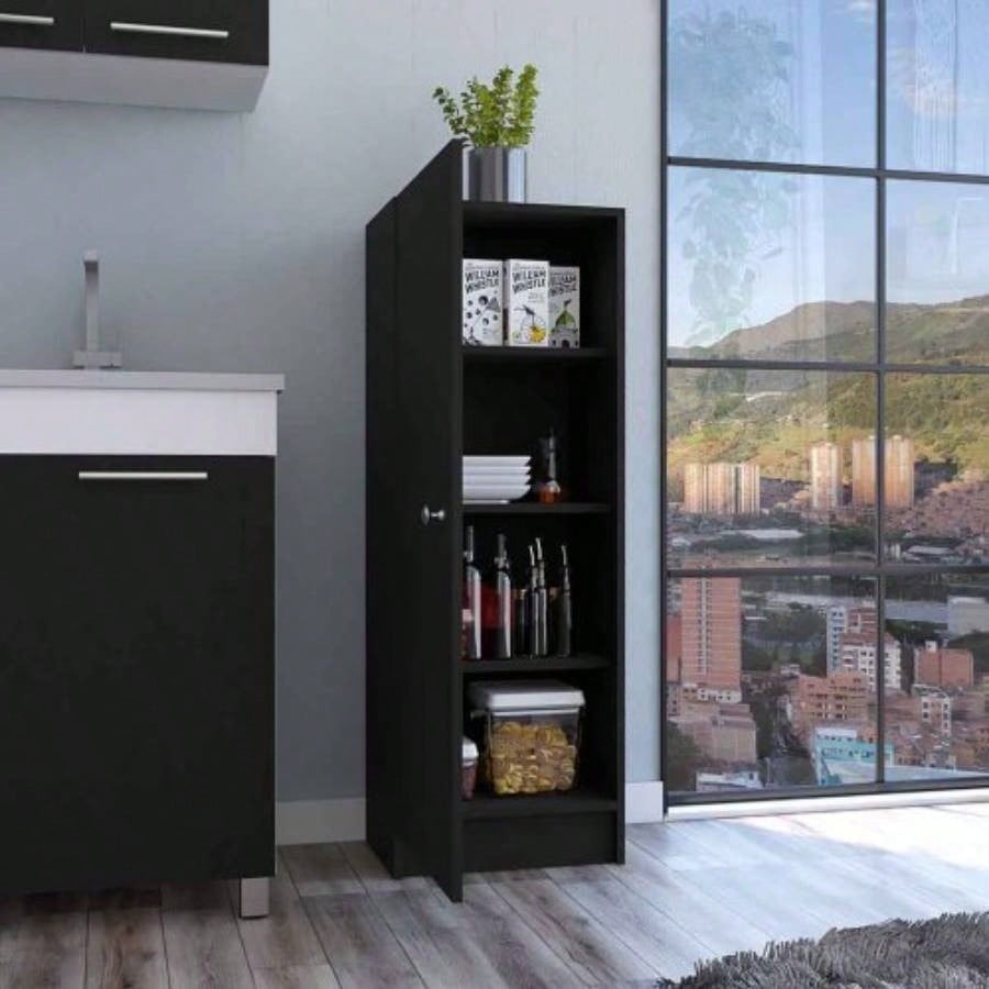 Kitchen Pantry 47 H, One Door Cabinet, Four Interior Shelves, Black