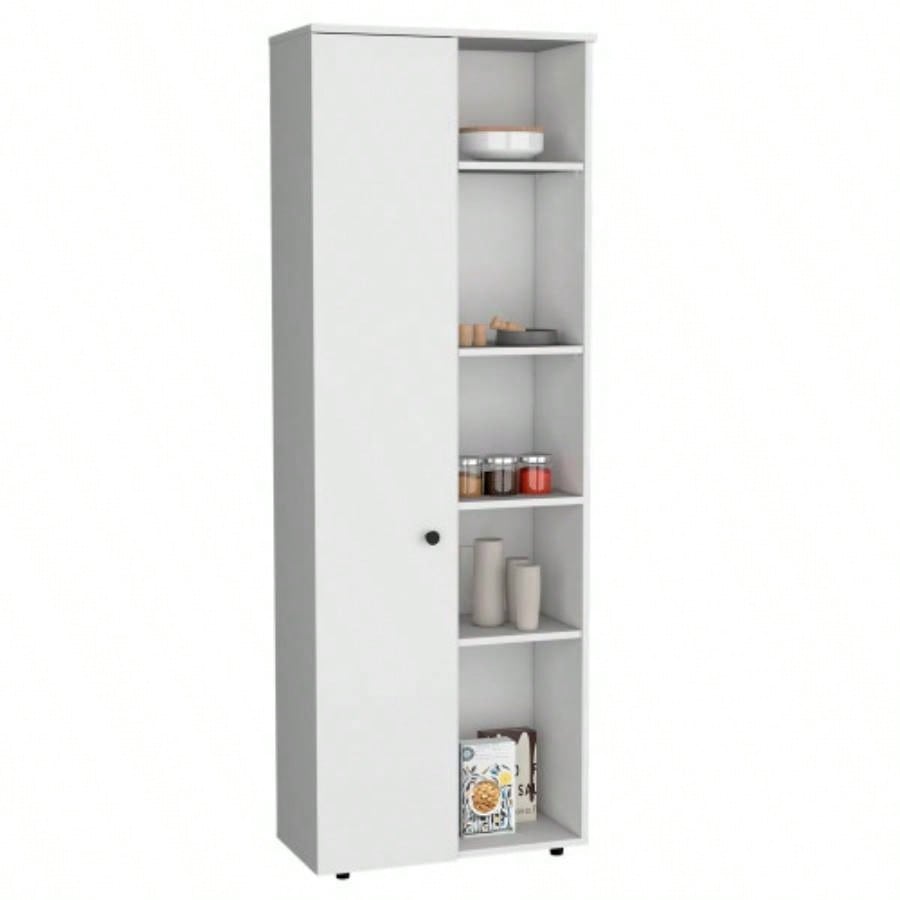 DEPOT E - SHOP Cary 67 H Kitchen Storage Cabinet With One Door, Five Interior Shelves and Five Exterior Shelves, White