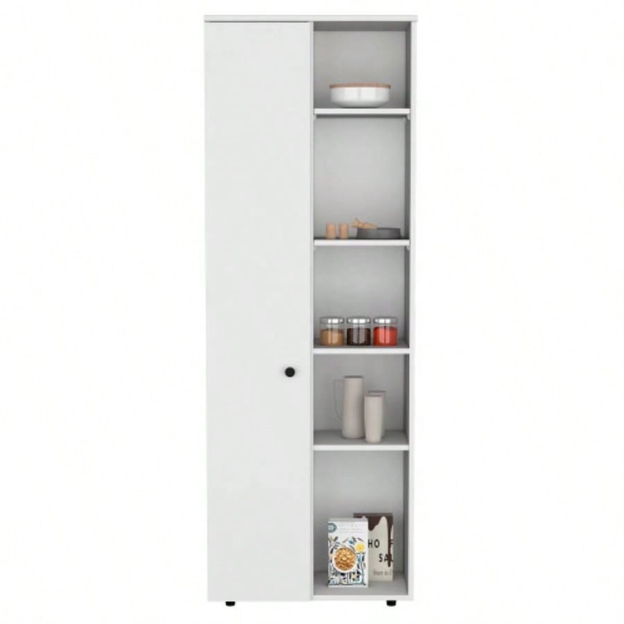 DEPOT E - SHOP Cary 67 H Kitchen Storage Cabinet With One Door, Five Interior Shelves and Five Exterior Shelves, White