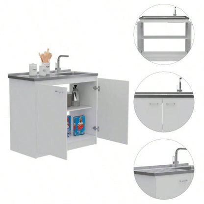 Utility Sink, Double Door Cabinet, Stainless Steel Countertop