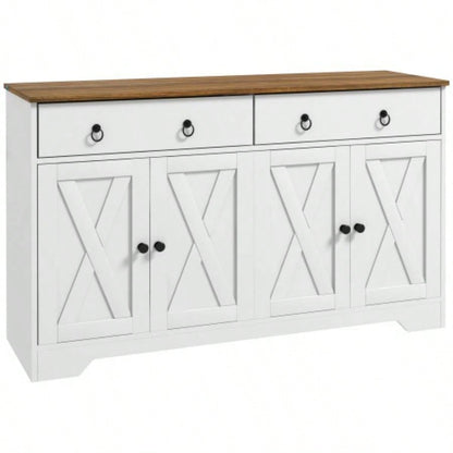 HOMCOM Sideboard, Buffet Cabinet with 2 Drawers, 2Storage Cabinets, 4 Barn - Style Doors and Adjustable Shelves, Farmhouse Buffet Table with Storage, Wood Grain Top, White