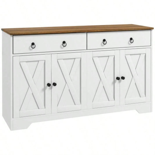 HOMCOM Sideboard, Buffet Cabinet with 2 Drawers, 2Storage Cabinets, 4 Barn - Style Doors and Adjustable Shelves, Farmhouse Buffet Table with Storage, Wood Grain Top, White