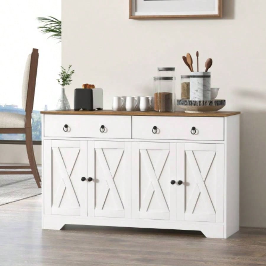 HOMCOM Sideboard, Buffet Cabinet with 2 Drawers, 2Storage Cabinets, 4 Barn - Style Doors and Adjustable Shelves, Farmhouse Buffet Table with Storage, Wood Grain Top, White