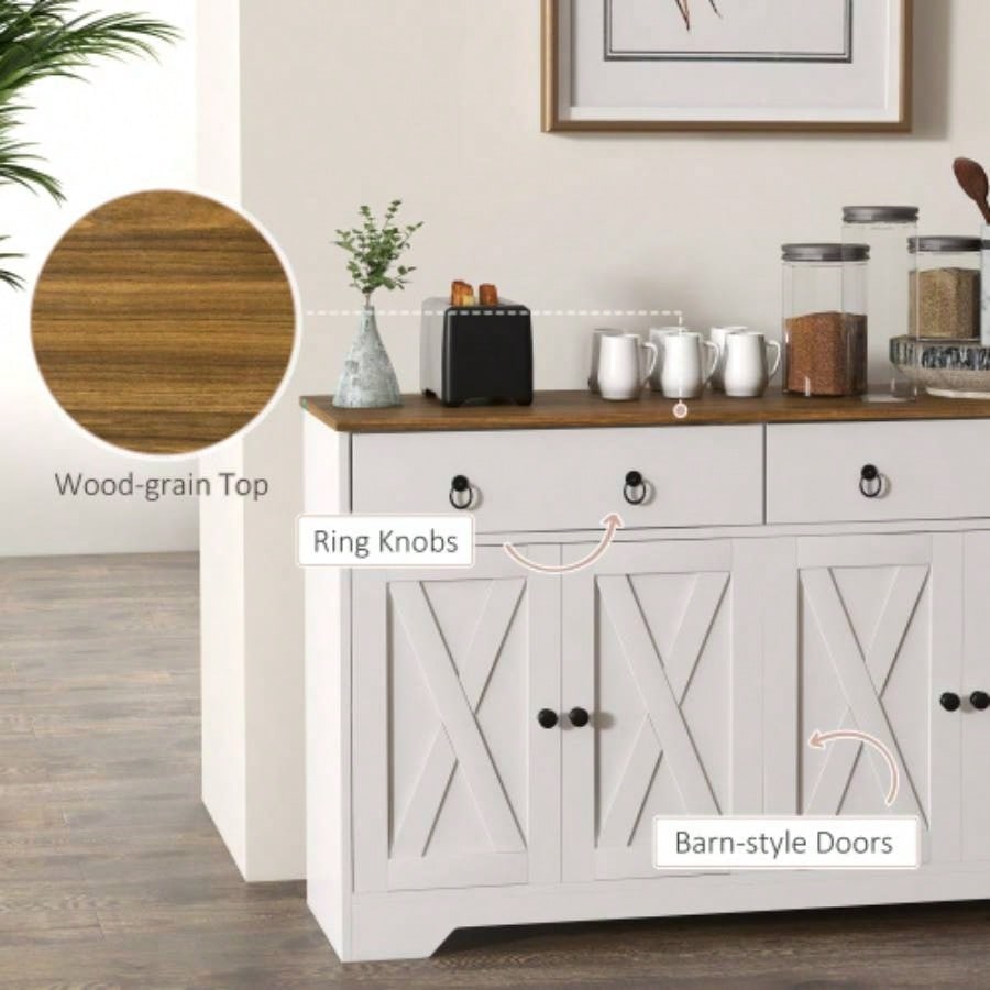 HOMCOM Sideboard, Buffet Cabinet with 2 Drawers, 2Storage Cabinets, 4 Barn - Style Doors and Adjustable Shelves, Farmhouse Buffet Table with Storage, Wood Grain Top, White