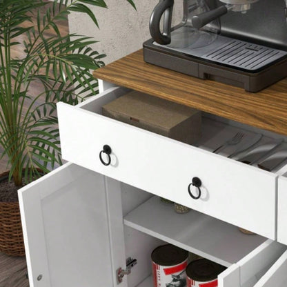 HOMCOM Sideboard, Buffet Cabinet with 2 Drawers, 2Storage Cabinets, 4 Barn - Style Doors and Adjustable Shelves, Farmhouse Buffet Table with Storage, Wood Grain Top, White