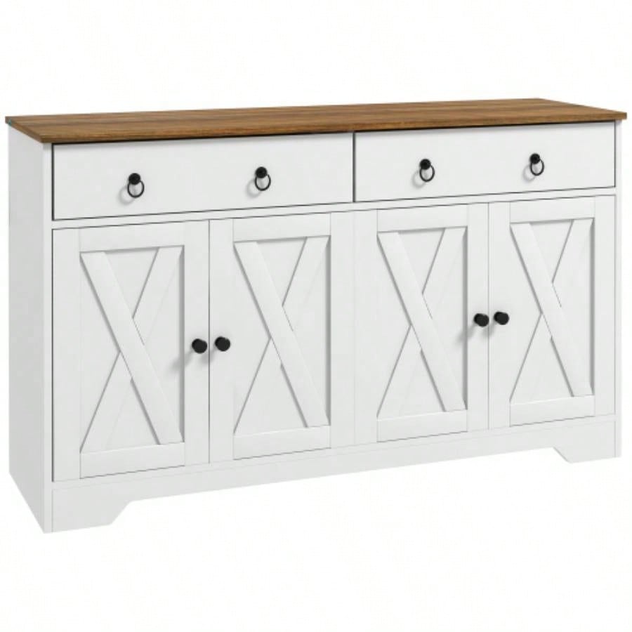 HOMCOM Sideboard, Buffet Cabinet with 2 Drawers, 2Storage Cabinets, 4 Barn - Style Doors and Adjustable Shelves, Farmhouse Buffet Table with Storage, Wood Grain Top, White