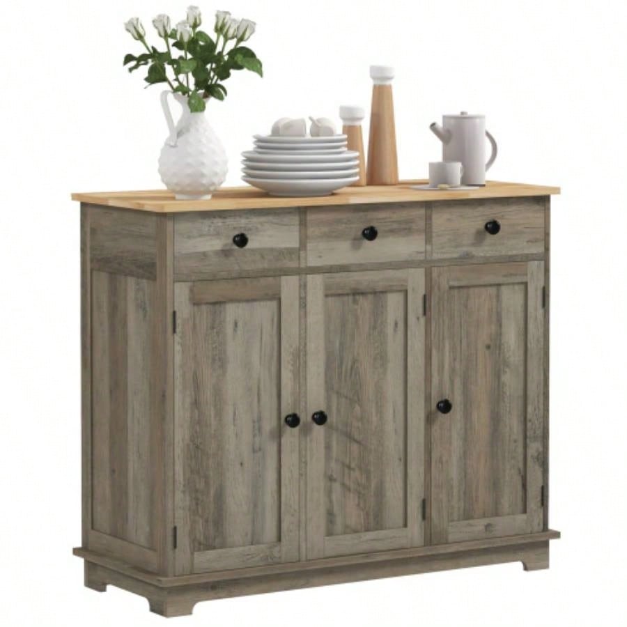 HOMCOM Sideboard with Solid Wood Countertop, Modern Kitchen Storage Cabinet, Coffee Bar Cabinet with 3 Drawers, Doors and Adjustable Shelf, Distressed Gray