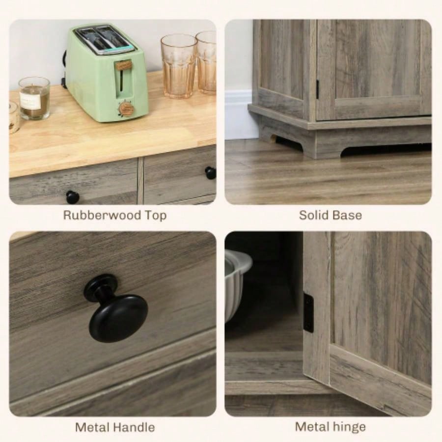 HOMCOM Sideboard with Solid Wood Countertop, Modern Kitchen Storage Cabinet, Coffee Bar Cabinet with 3 Drawers, Doors and Adjustable Shelf, Distressed Gray