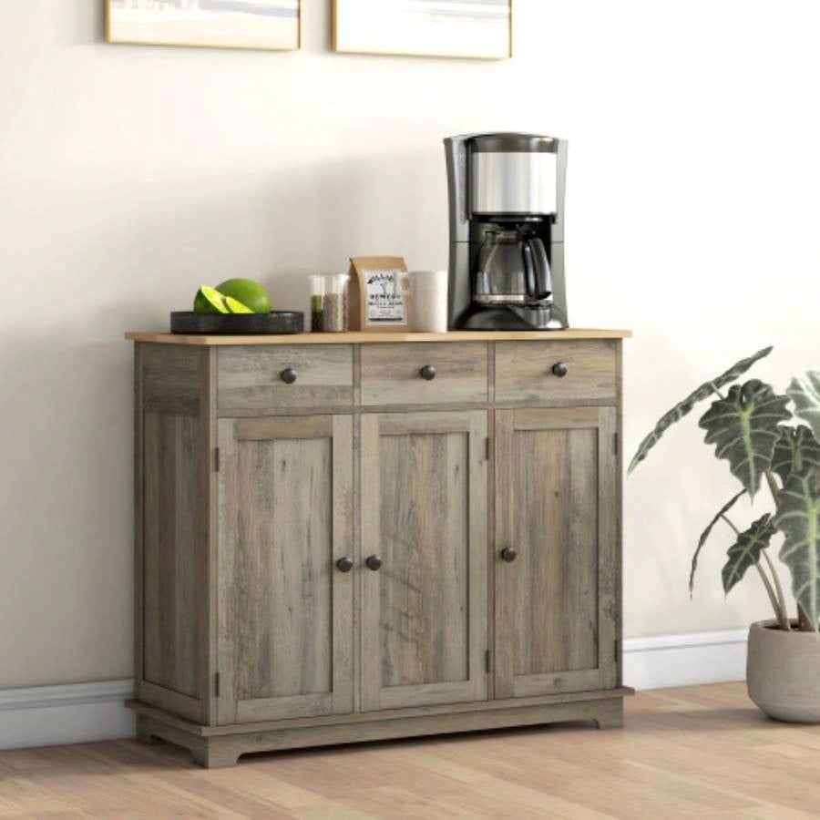 HOMCOM Sideboard with Solid Wood Countertop, Modern Kitchen Storage Cabinet, Coffee Bar Cabinet with 3 Drawers, Doors and Adjustable Shelf, Distressed Gray