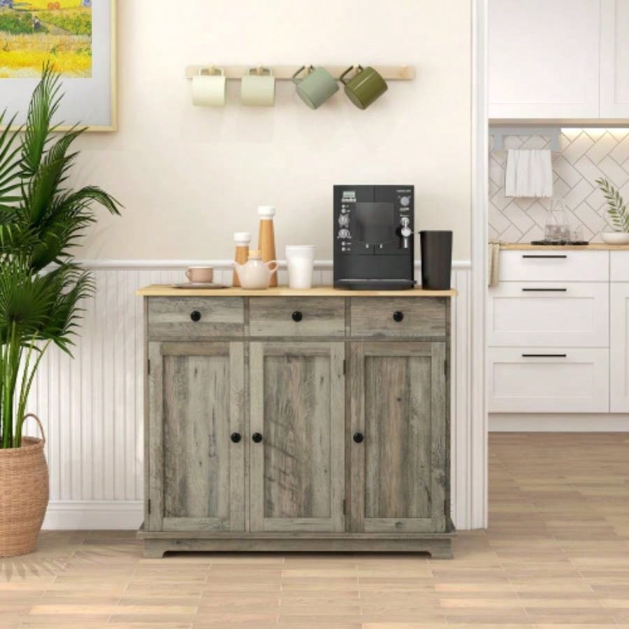 HOMCOM Sideboard with Solid Wood Countertop, Modern Kitchen Storage Cabinet, Coffee Bar Cabinet with 3 Drawers, Doors and Adjustable Shelf, Distressed Gray