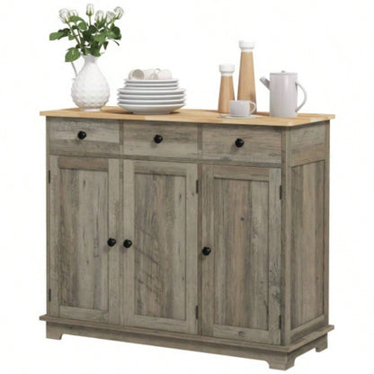 HOMCOM Sideboard with Solid Wood Countertop, Modern Kitchen Storage Cabinet, Coffee Bar Cabinet with 3 Drawers, Doors and Adjustable Shelf, Distressed Gray