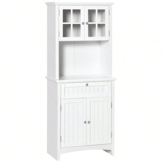 HOMCOM Elegant Buffet with Hutch, Kitchen Pantry Storage Cabinet with Framed Glass Door Drawer and Microwave Space, White
