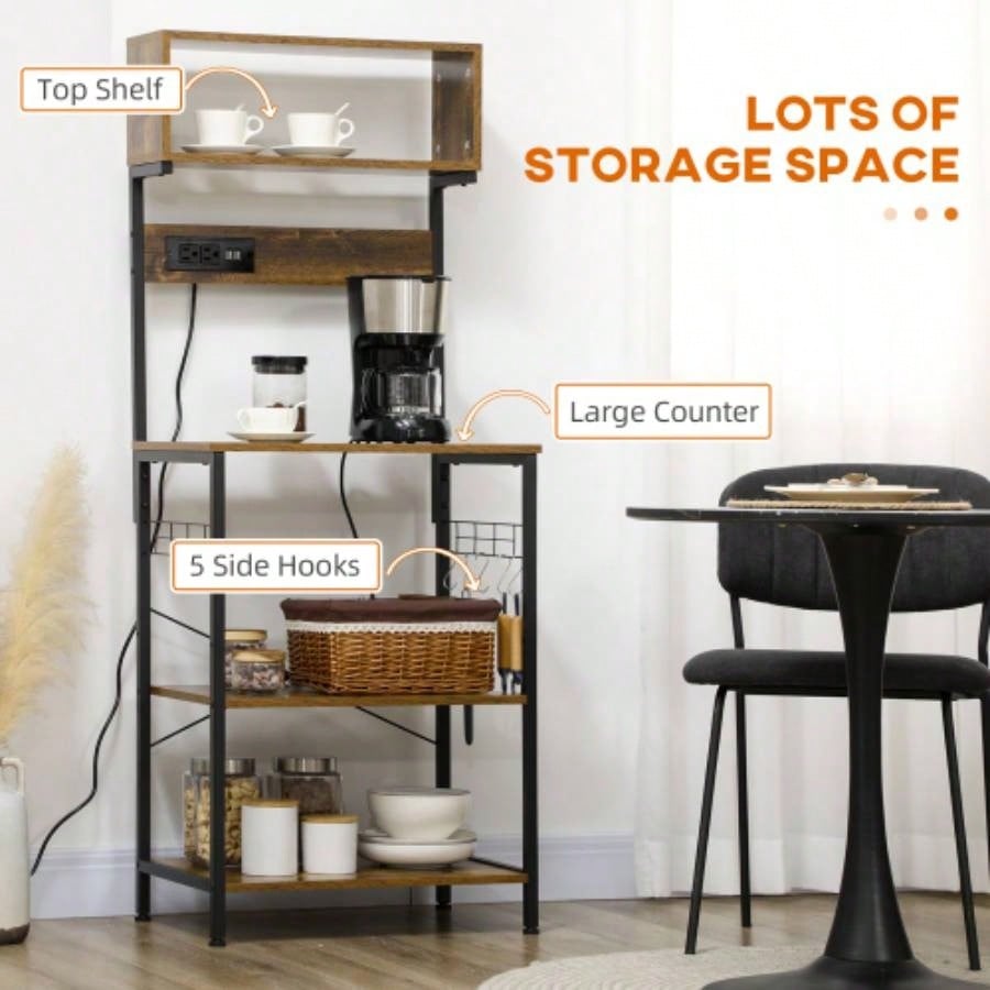 HOMCOM Kitchen Bakers Rack with Power Outlet, USB, Microwave Stand, Coffee Bar with Adjustable Shelves, 5 Hooks Spices, Pots and Pans, Rustic Brown