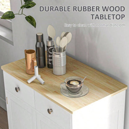 HOMCOM Sideboard with Solid Wood Countertop, Modern Kitchen Storage Cabinet, Coffee Bar Cabinet with 2 Drawers, Doors and Adjustable Shelf, Distressed White