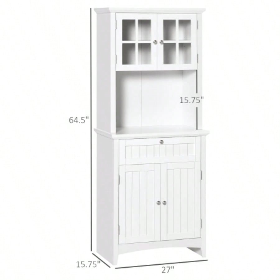 HOMCOM Elegant Buffet with Hutch, Kitchen Pantry Storage Cabinet with Framed Glass Door Drawer and Microwave Space, White