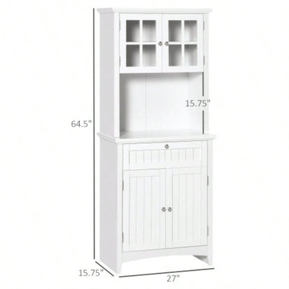 HOMCOM Elegant Buffet with Hutch, Kitchen Pantry Storage Cabinet with Framed Glass Door Drawer and Microwave Space, White
