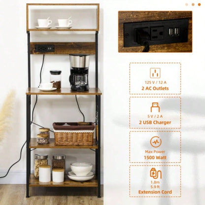 HOMCOM Kitchen Bakers Rack with Power Outlet, USB, Microwave Stand, Coffee Bar with Adjustable Shelves, 5 Hooks Spices, Pots and Pans, Rustic Brown