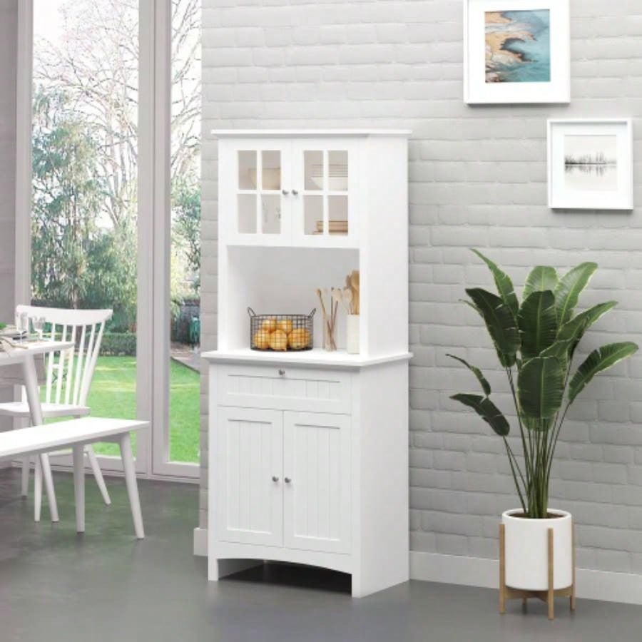 HOMCOM Elegant Buffet with Hutch, Kitchen Pantry Storage Cabinet with Framed Glass Door Drawer and Microwave Space, White