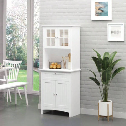 HOMCOM Elegant Buffet with Hutch, Kitchen Pantry Storage Cabinet with Framed Glass Door Drawer and Microwave Space, White
