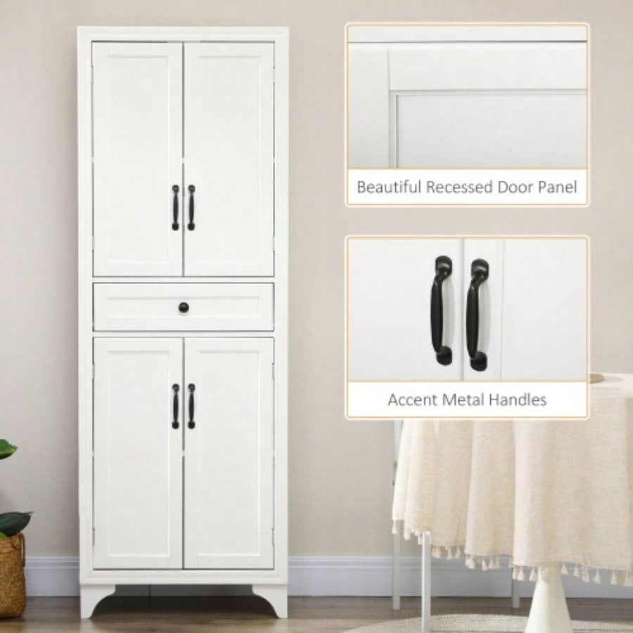 HOMCOM 67 Tall Freestanding Kitchen Pantry Cabinet, 4 - Door Storage Cabinet with Drawer and Adjustable Shelves Dining Room, White