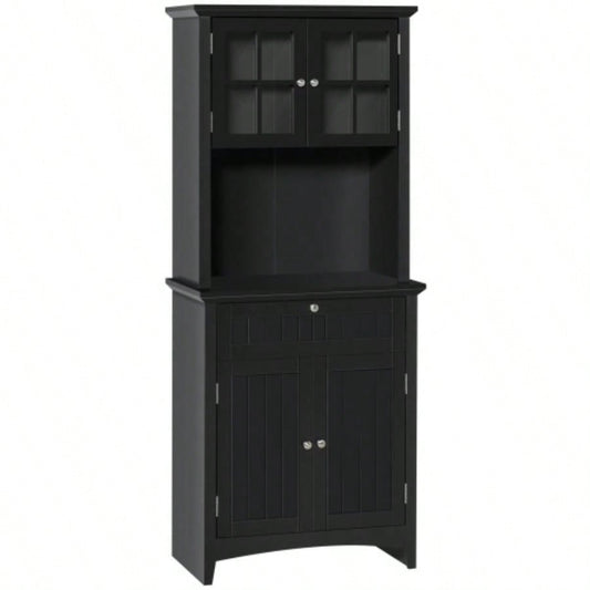 HOMCOM Elegant Buffet with Hutch, Kitchen Pantry Storage Cabinet with Framed Glass Door Drawer and Microwave Space, Black