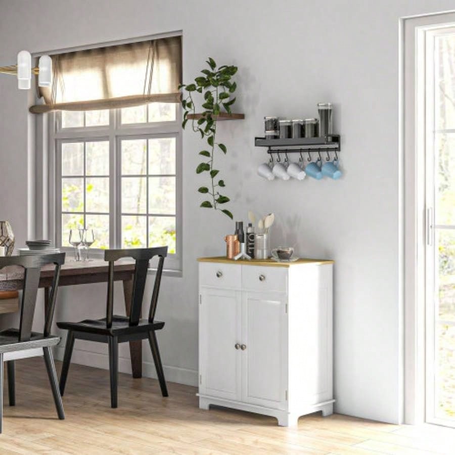 HOMCOM Sideboard with Solid Wood Countertop, Modern Kitchen Storage Cabinet, Coffee Bar Cabinet with 2 Drawers, Doors and Adjustable Shelf, Distressed White