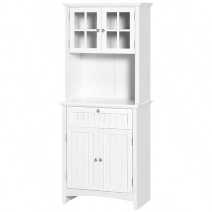 HOMCOM Elegant Buffet with Hutch, Kitchen Pantry Storage Cabinet with Framed Glass Door Drawer and Microwave Space, White