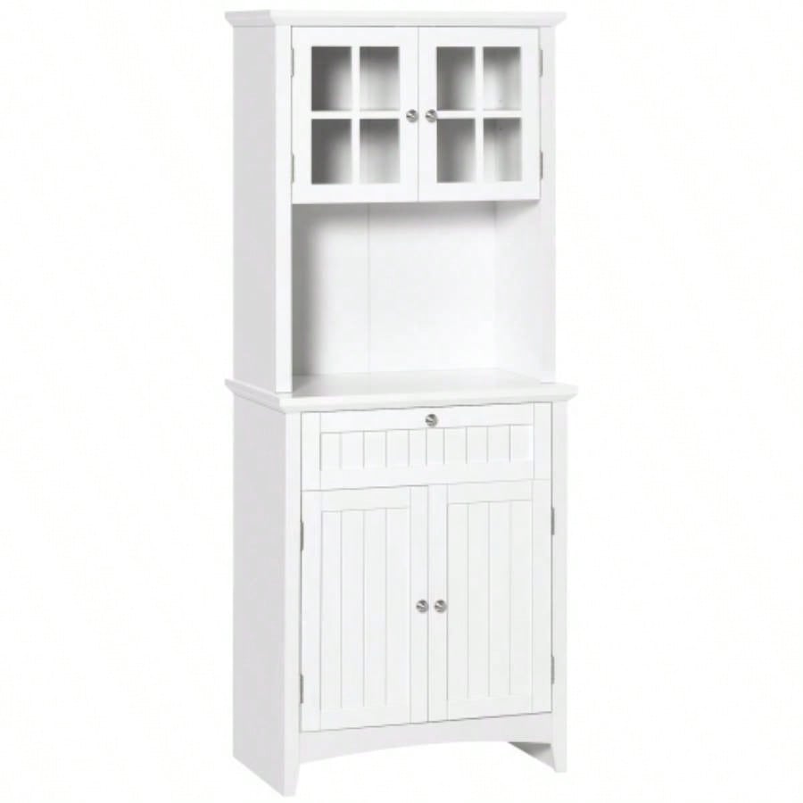 HOMCOM Elegant Buffet with Hutch, Kitchen Pantry Storage Cabinet with Framed Glass Door Drawer and Microwave Space, White