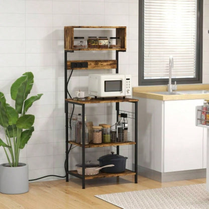 HOMCOM Kitchen Bakers Rack with Power Outlet, USB, Microwave Stand, Coffee Bar with Adjustable Shelves, 5 Hooks Spices, Pots and Pans, Rustic Brown