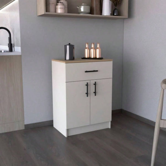 Pantry Organizer Cabinet 33 H, One Drawer, Two Interior Shelves, Two Doors, Ivory/ Natural Oak