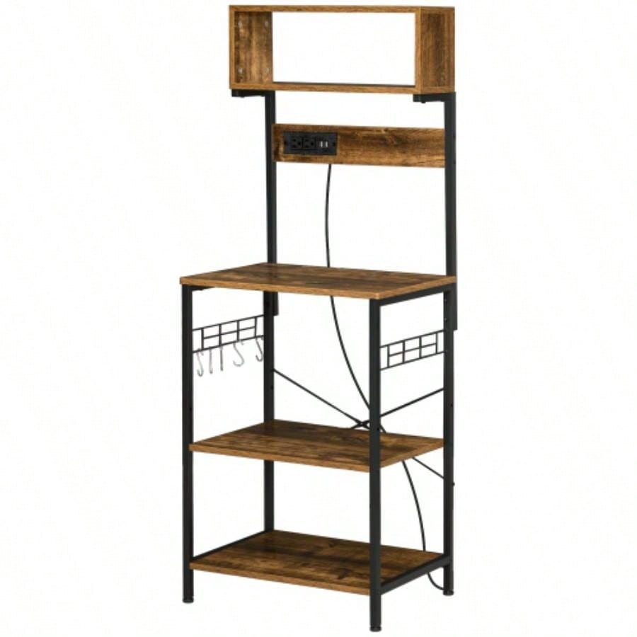HOMCOM Kitchen Bakers Rack with Power Outlet, USB, Microwave Stand, Coffee Bar with Adjustable Shelves, 5 Hooks Spices, Pots and Pans, Rustic Brown