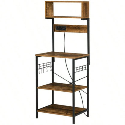 HOMCOM Kitchen Bakers Rack with Power Outlet, USB, Microwave Stand, Coffee Bar with Adjustable Shelves, 5 Hooks Spices, Pots and Pans, Rustic Brown