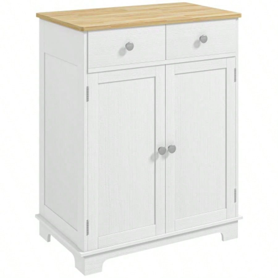 HOMCOM Sideboard with Solid Wood Countertop, Modern Kitchen Storage Cabinet, Coffee Bar Cabinet with 2 Drawers, Doors and Adjustable Shelf, Distressed White