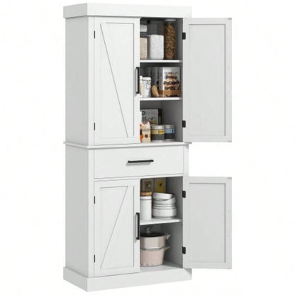HOMCOM 72 Tall Kitchen Pantry Storage Cabinet, Farmhouse Freestanding Kitchen Cabinet with 4 Barn Doors, Drawer, 5 - Tier Shelf and Adjustable Shelves, White
