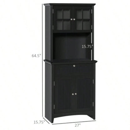 HOMCOM Elegant Buffet with Hutch, Kitchen Pantry Storage Cabinet with Framed Glass Door Drawer and Microwave Space, Black