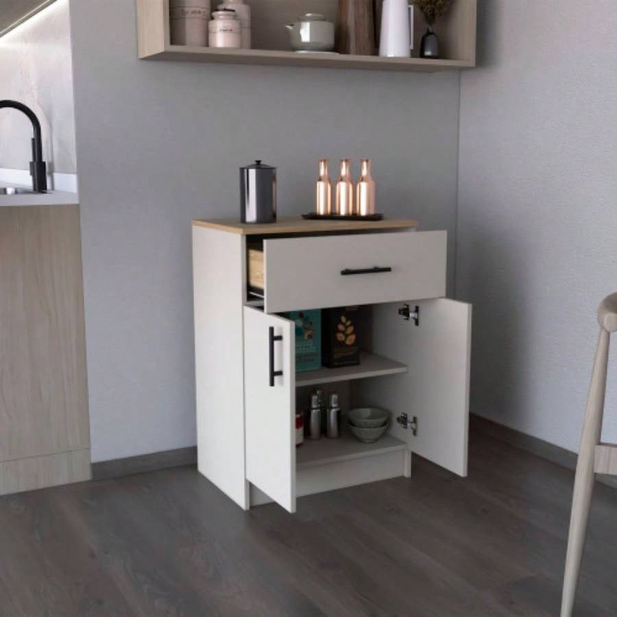 Pantry Organizer Cabinet 33 H, One Drawer, Two Interior Shelves, Two Doors, Ivory/ Natural Oak