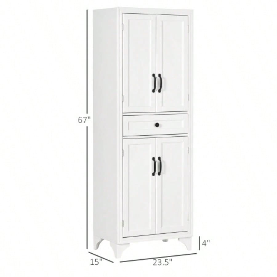 HOMCOM 67 Tall Freestanding Kitchen Pantry Cabinet, 4 - Door Storage Cabinet with Drawer and Adjustable Shelves Dining Room, White