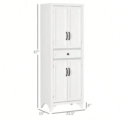 HOMCOM 67 Tall Freestanding Kitchen Pantry Cabinet, 4 - Door Storage Cabinet with Drawer and Adjustable Shelves Dining Room, White