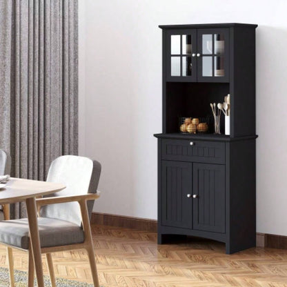 HOMCOM Elegant Buffet with Hutch, Kitchen Pantry Storage Cabinet with Framed Glass Door Drawer and Microwave Space, Black