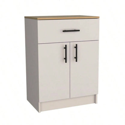 Pantry Organizer Cabinet 33 H, One Drawer, Two Interior Shelves, Two Doors, Ivory/ Natural Oak