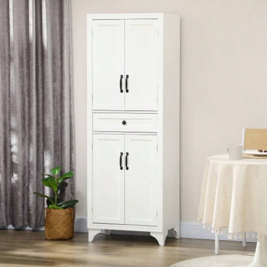 HOMCOM 67 Tall Freestanding Kitchen Pantry Cabinet, 4 - Door Storage Cabinet with Drawer and Adjustable Shelves Dining Room, White