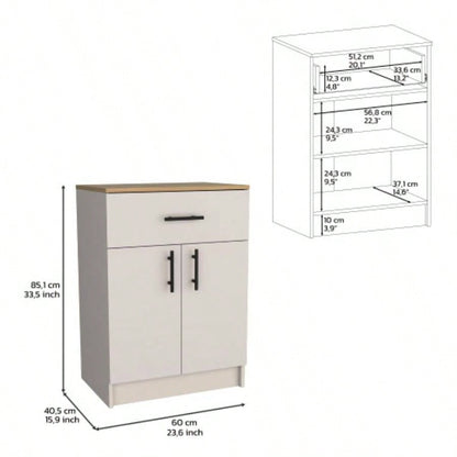 Pantry Organizer Cabinet 33 H, One Drawer, Two Interior Shelves, Two Doors, Ivory/ Natural Oak