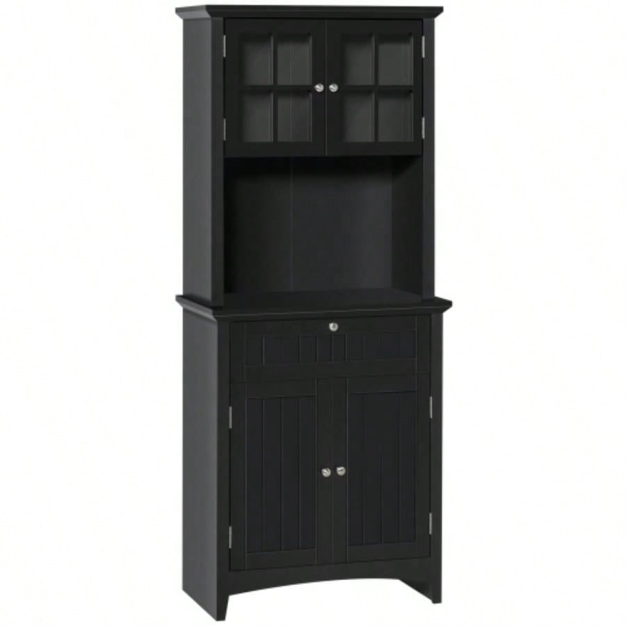 HOMCOM Elegant Buffet with Hutch, Kitchen Pantry Storage Cabinet with Framed Glass Door Drawer and Microwave Space, Black