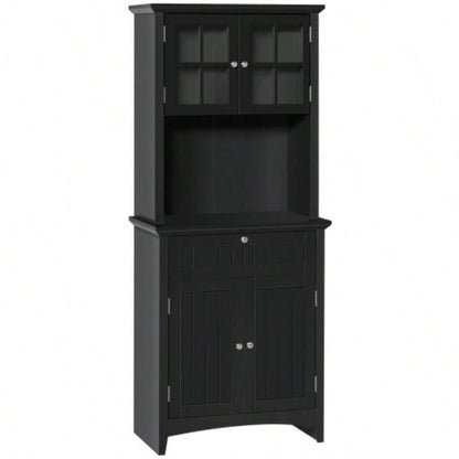 HOMCOM Elegant Buffet with Hutch, Kitchen Pantry Storage Cabinet with Framed Glass Door Drawer and Microwave Space, Black