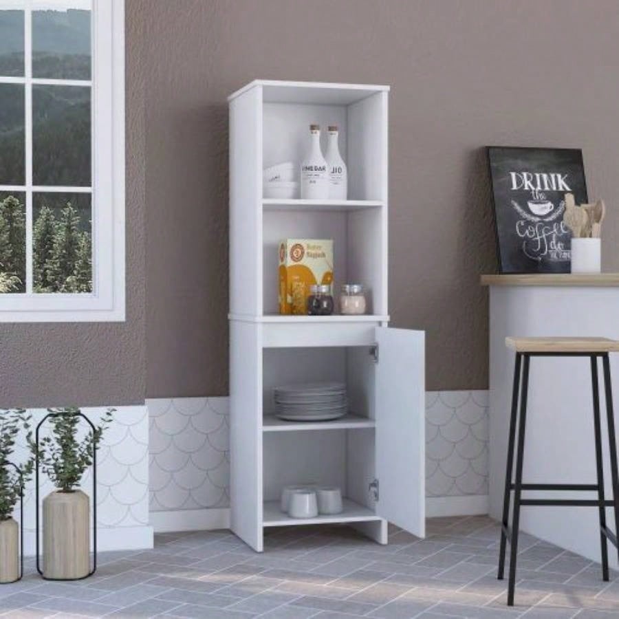 Kitchen Pantry 59 H, Two Open Storage Shelves, Single Door Cabinet, Two Interior Shelves, White