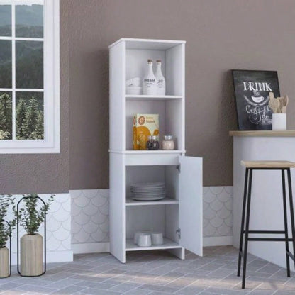 Kitchen Pantry 59 H, Two Open Storage Shelves, Single Door Cabinet, Two Interior Shelves, White